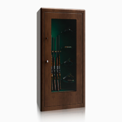 Luxury glass guns and jewellery wood display safes closed